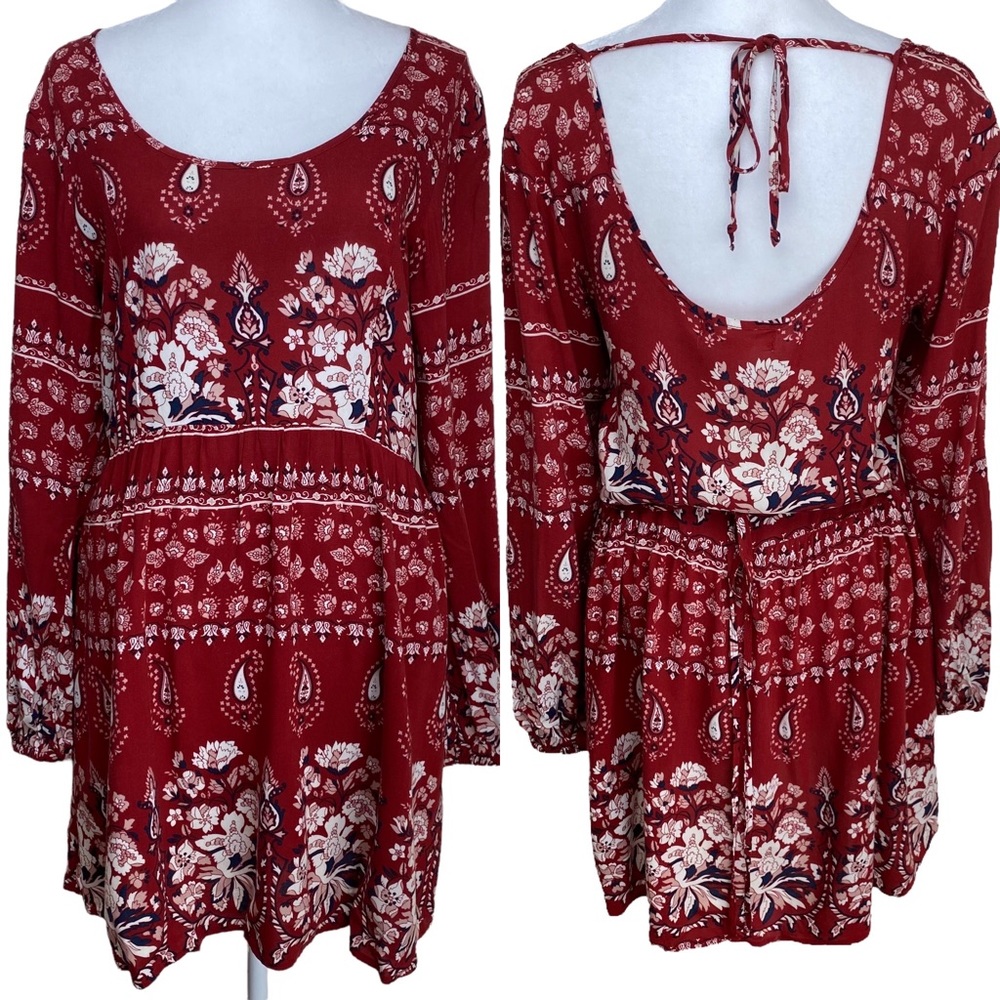 Band of Gypsies Long Sleeve Red Floral Paisley Boho Peasant Short Dress Small